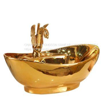 Luxury western bathroom ceramic full golden decal table hand single hole wash face hotel basin sink