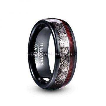 2019 NUNCAD 8mm Wide Tungsten Steel Ring Plating Black Inlay Triple Spiral Pattern+Red Guitar String Tungsten Carbide Ring T229R photo-3