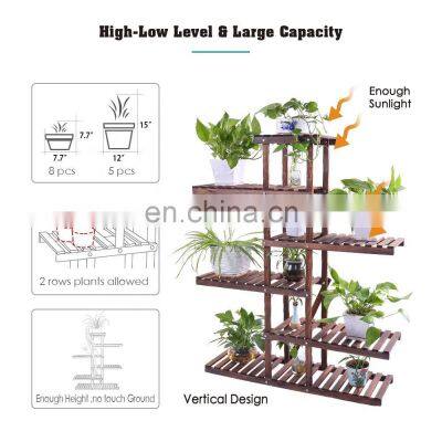 Carbonized Wood Plant Stand Holder 6 Tier High Low Shelf Space Saving Flower Display Rack For Indoor Outdoor Garden Patio Balcon photo-3
