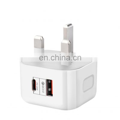 High Quality UK Standard PD 20W charger dual port Type-c+QC3.0  Usb Wall Charger usb c 18pd wall charger for iPhon 12