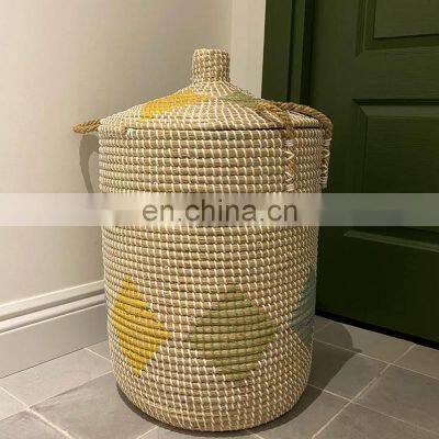 Household Weave Seagrass Laundry Basket Lidded laundry hamper. Boho Storage Basket