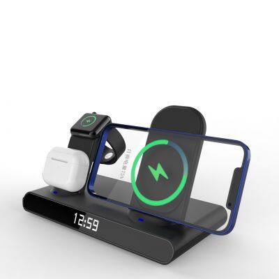 15W 4-in-1 Fast Wireless Charger Station with LED Desktop Digital Alarm Clock Strong Magnetic Phone Holder Phone Charger Stand