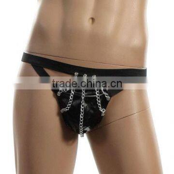 Solid Genuine Leather mens g string thong underwear Nightwear Chain Decor Black