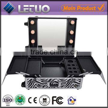 Pro Rolling Studio Makeup Artist Cosmetic Case With Light Leg Mirror Train Table