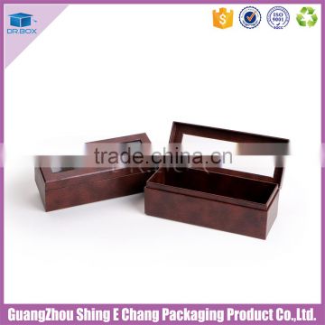 Luxury handmade custom leather paper printed gold hot stamp logo gift box packaging with clear lid