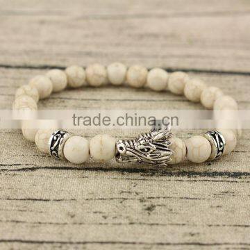 BRR1037 Cream howlite beaded silver dragon head men's bracelet