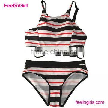 Contrast Black White High-waisted Halter Bikini