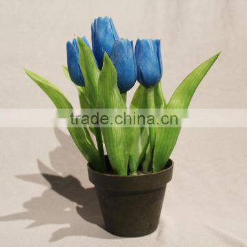 Cheap Fake Plastic Artificial Flower with Pot Blue Tulip for Table Centerpiece