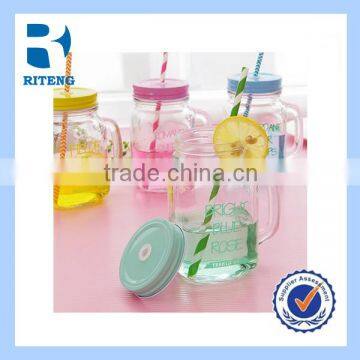 JUICE GLASS JAR WITH METAL LID AND PLASTIC STRAW