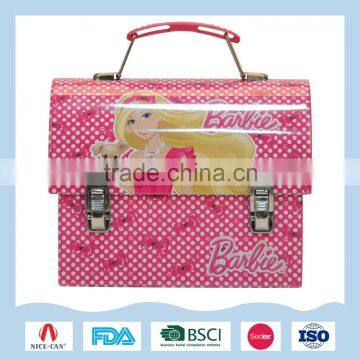 Handbag style metal lunch tin box with handle and lock