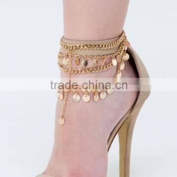 2015 New arrival bohemia beach style gold layered chains sequin lady anklets jewelry