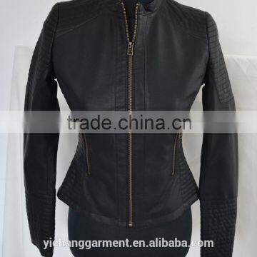 Women bomber leather jacket with quilted cuff