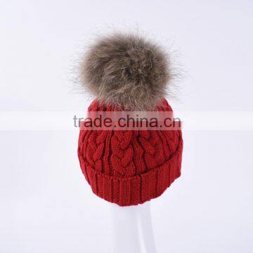 Ladies Knit Hat With Raccoon Fur Pompom for Winter Dobby Image Knit Hat KZ160075 photo-3