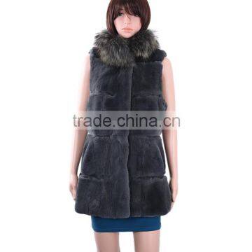 Women rex rabbit fur vest long rabbit fur vest with raccoon fur collar KZ160041