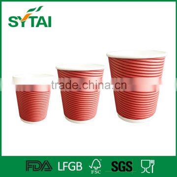 12oz Disposable Red Thread Hot Coffee Ripple Wall Paper Cup With Lid