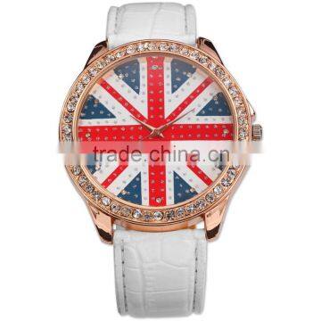 Fashion UK National Flag Clear Crystal Rhinestone Rose Golden Case Women Lady White Leather Quartz Wrist Watch