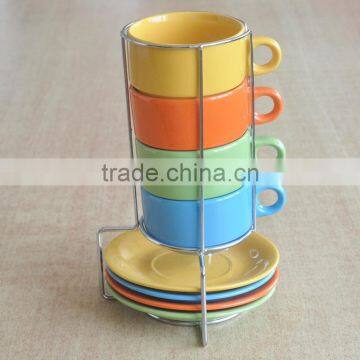 Set of 4 Pcs Ceramic Cup&saucer With Metal Rack