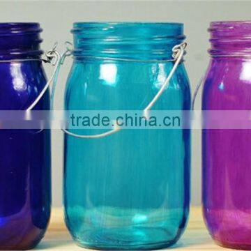 Mason Jar Lantern With Pink Glass and Gold Accents