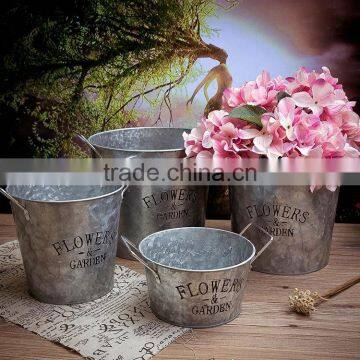 Retro design oval galvanized iron flower pot metal garden planter pot with double handles