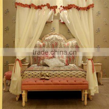 European style antique ivory color and pink hand drawing children wooden carved girl princess bed with canopy - BF07-70357