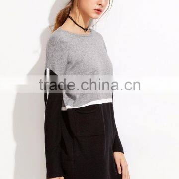 Color Block Drop Shoulder Pockets Sweater Dress Long Sleeve Boat Neck Casual Cotton Blend Sweater photo-4