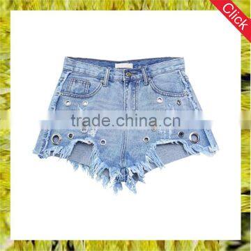 Latest design raw hem short denim jeans pants for women fashion ripped shorts with eyelets