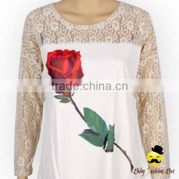 2017 Spring Cheap Adult Women Transparent Lace Floral Long Sleeve Rose Printed Cotton Raglan Lady T Shirt Top photo-2