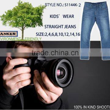 T1144K-2 Medium Indigo Kids Boys Girls Handcraft Pants Trousers Wrinkle Slim Jeans photo-2