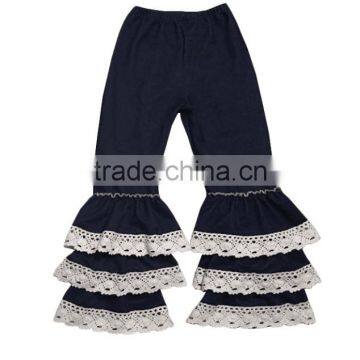 2016 Latest Designs baby Ruffles Pants Girls denim pants Girls' Wholesale 5layer ruffle pants with lace