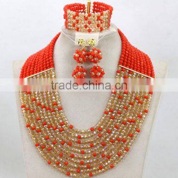 Golden yellow Red Nigerian Wedding Coral Beads Necklace African Bracelet Earrings Jewelry Sets