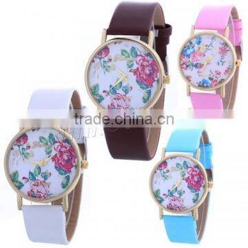 2016 Women Wrist Watch PU with Glass flower dial for girls watch low price with good quality 1136606