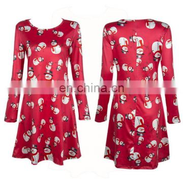 New Winter Autumn Women Christmas Skirt Santa Snowman Print Round Neck Long Sleeve A-Line Party Dress