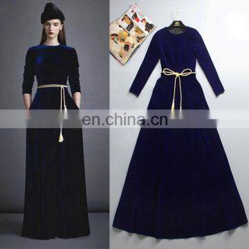 Super soft velvet fabric muslim dress with gold belt warm women long abaya for winter 2017