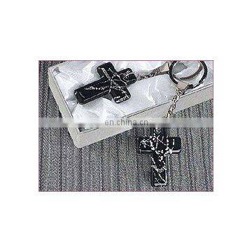 Murano Inspired Art Deco Black & Silver Cross Key Chain Favors