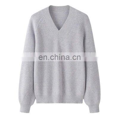 Autumn Winter Women's 100% Cashmere V-Neck Pullover Thickened Knit Jumper with Casual Style Solid Pattern OEM Service Available