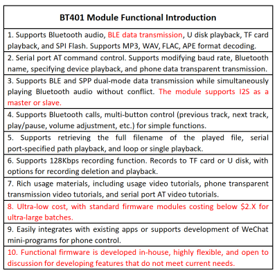 BT401 Dual-Mode Bluetooth Module 5.0 With Built-in Prompt Sound External SPI Flash TF Card USB Audio BLE Data Transmission UART AT Command Control photo-2