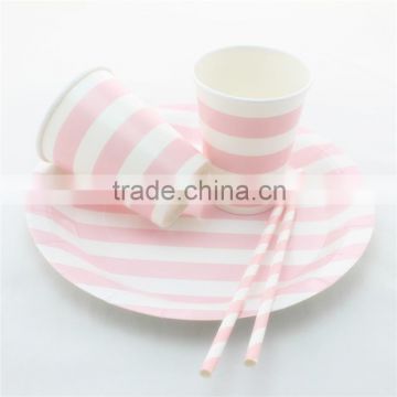 Baby Pink Striped Paper Cups Plates Drinking Straws Party Tableware Sets