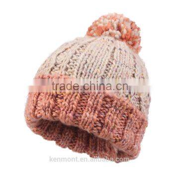 Popular knitted women custom patch winter beanies hat with pom pom