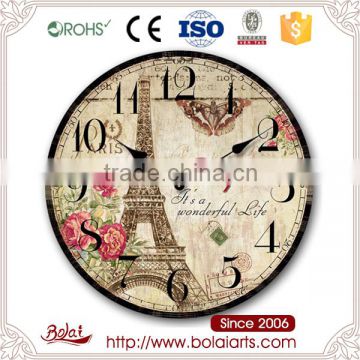 Country style mdf material standard round numbers decorative wall clock for restaurant