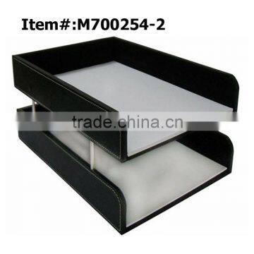 Black Leather Desk Organizer File Document Tray
