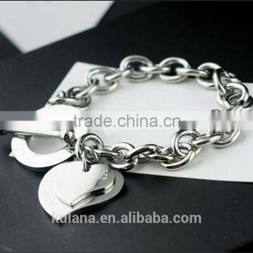 Wholesale stainless steel silver charm bracelet Love heart Bracelet with T clasp 9310