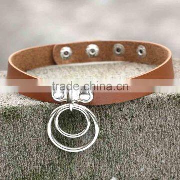 Fashion Handmade Punk Gothic Double O Shaped Metal Leather Button Jewelry Collar Choker Necklace photo-3
