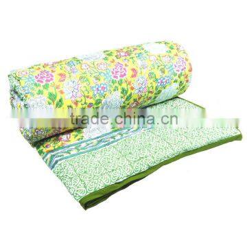 Indian Handmade block printed Flower Blossom Limeade Cotton Queen Quilt