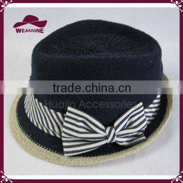 Big bowknot black polyester acrylic knitted fedora hat