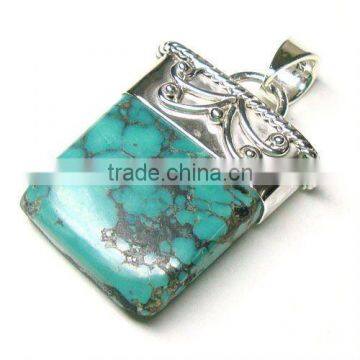 925 stamped sterling silver tibetan turquoise semi precious gemstone pendant