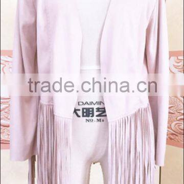 2016 Long Fashion pu Leather Suede Jacket Frigne on the Hem And Sleeves