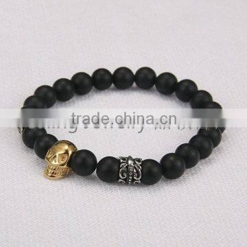 Latest mens strength black agate onyx with skull charm bracelet