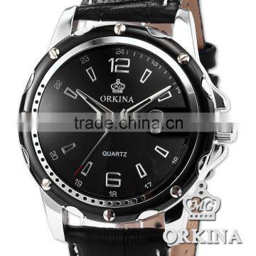 Fashion Orkina Mens Black Dial Analog Sport Quartz Wrist Watch