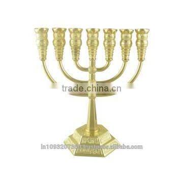 SOLID BRASS TEMPLE MENORAH CANDLESTICK HOLDER WITH GOLD FINISH, FLOOR JEWISH