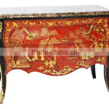 Classico European Style Ruby Red Solid Wood Carving Bombe Chest With Chinoiseries Landscape Handpainiting BF12-04244a photo-4